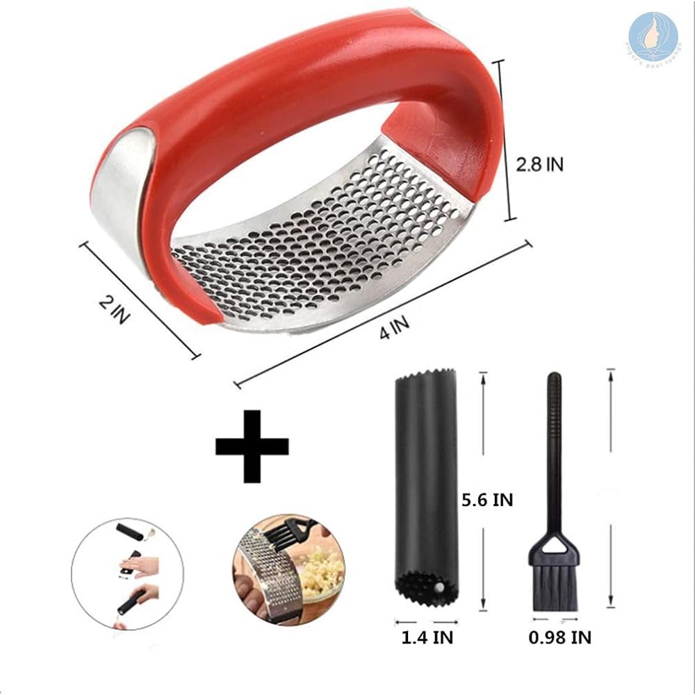 Angel's Peel Lounge Stainless Steel Garlic Press Rocker Set with Silicone Garlic Peeler & Cleaning Brush – Garlic Chopper, Mincer, Grater, Crusher – Easy for Crushed Cloves – Rust-Resistant, Red