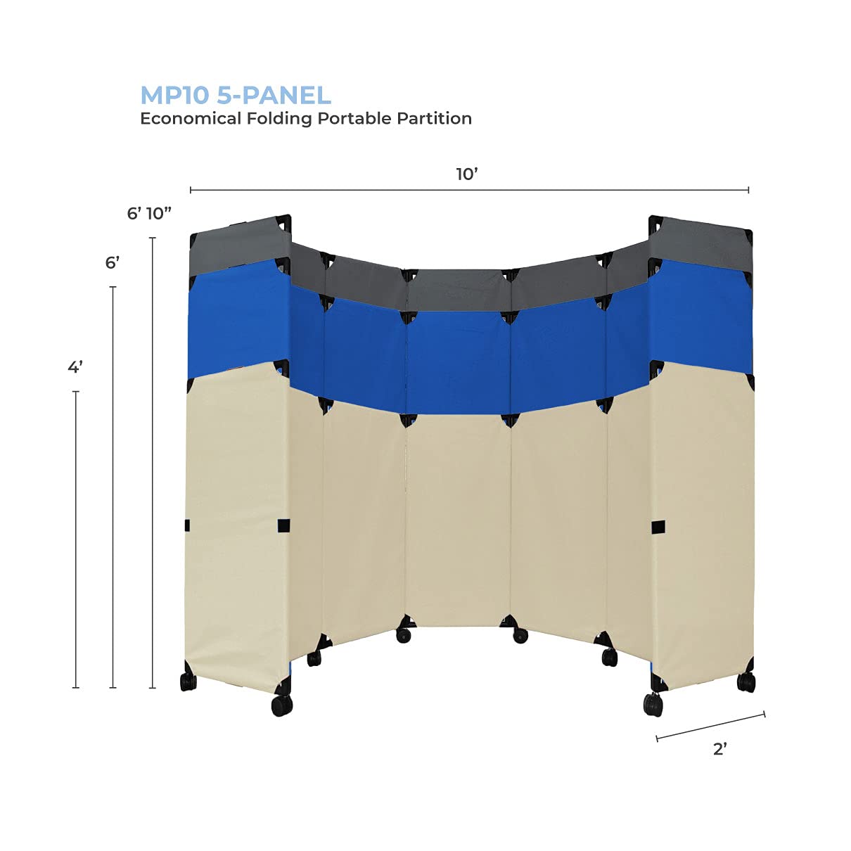 Versare MP10 Portable Folding Wall Partition | Economical 5 Panel Design | Portable Room Divider On Wheels | Adjustable, Freestanding Setup | Multiple Widths
