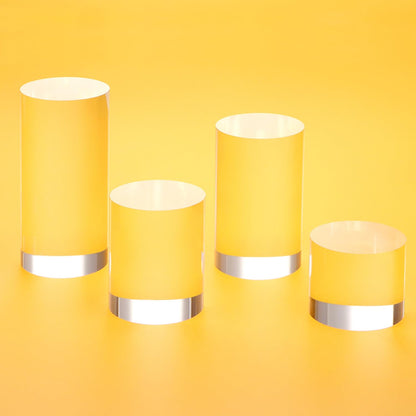 QWORK Acrylic Display Risers - 4-Pack Solid Clear Cylinder Stand Holder for Jewelry, Figures, Perfumes, Small Collectibles - High Transparency & Elegant Design