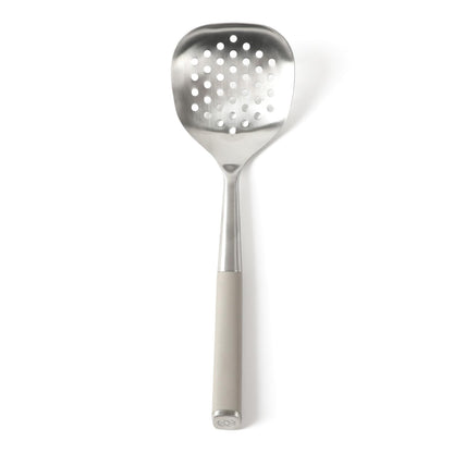 Calphalon Edge Stainless Steel Slotted Spoon/Skimmer with Taupe Handle, Slotted Cooking Tool for Draining and Skimming, Heat-Resistant, Durable Kitchen Utensil for Everyday Use