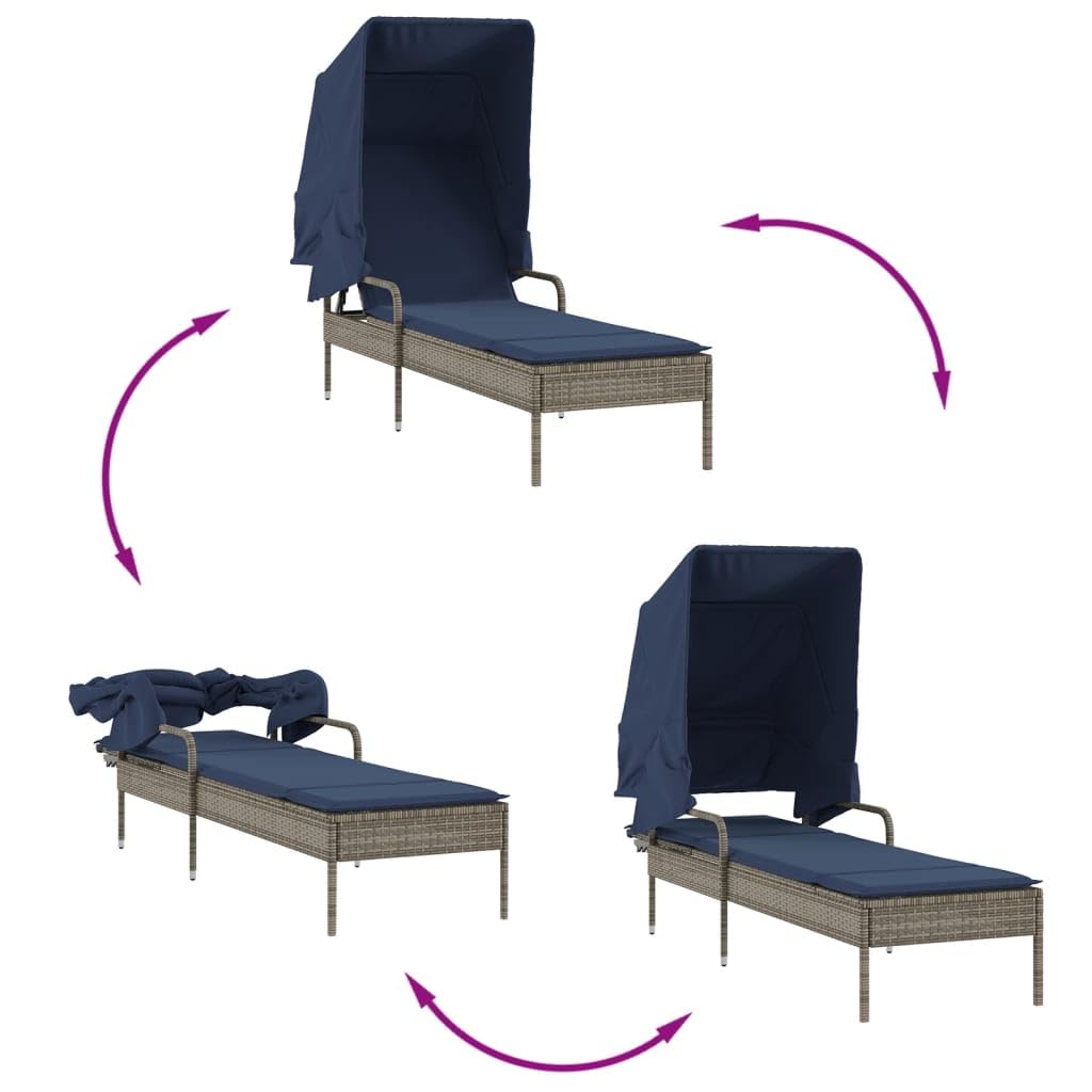 Favemtsl 2-Pack Grey PE Rattan Patio Sun Lounger Set with Adjustable Armrests Canopy Table 78.7" Seat Outdoor Lounge Chairs for Deck Poolside Beach