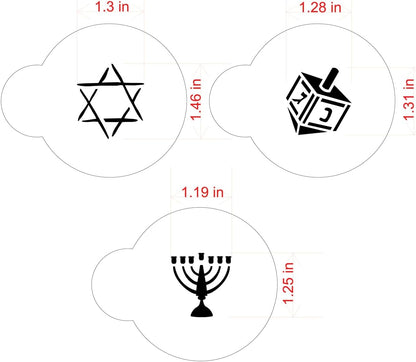 Designer Stencils Jewish Symbols Cookie and Cupcake Stencils, Small, Dreidel, Star of David, Menorah, Beige