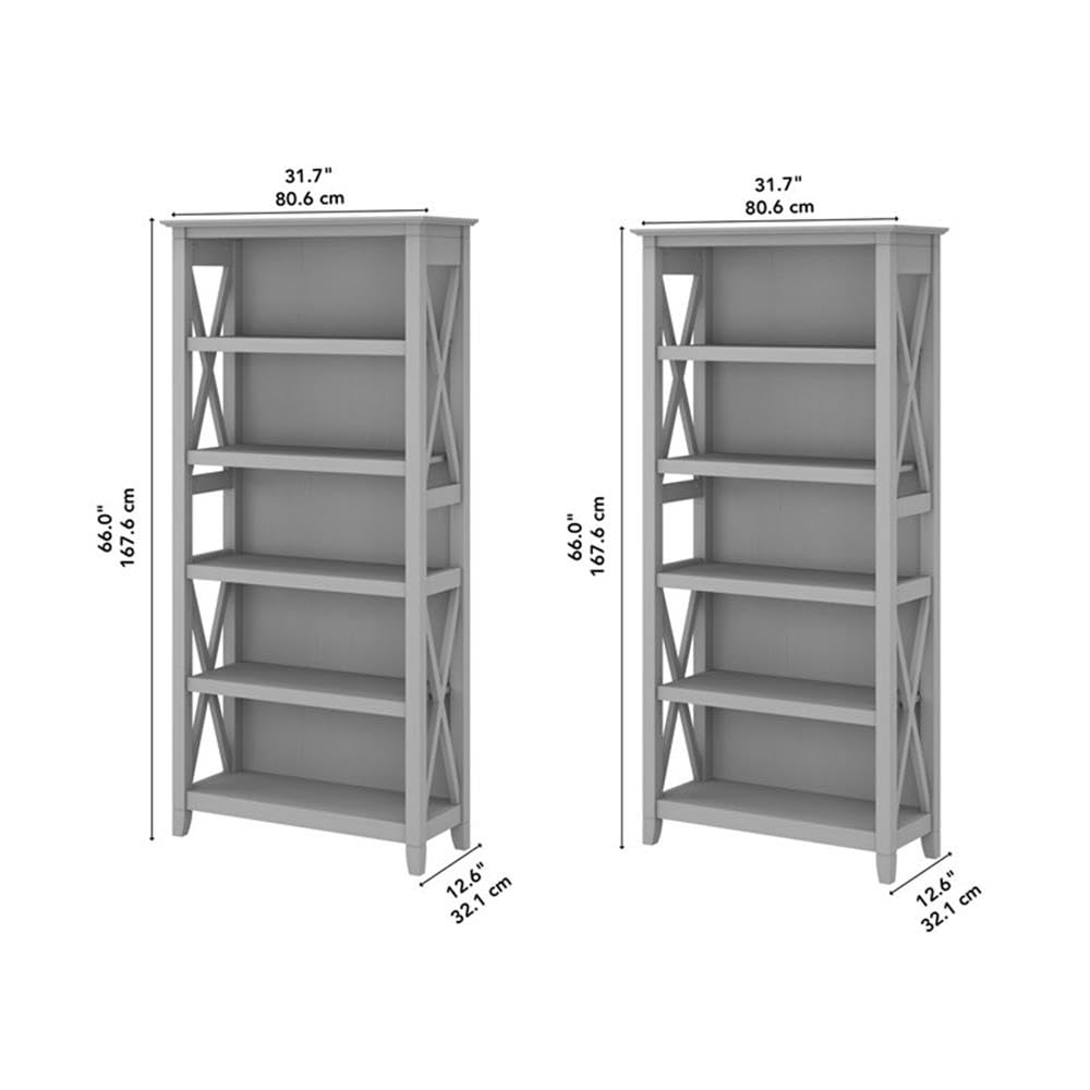 Bush Home Key West 5 Shelf Bookcase - Set of 2 | Tall Bookshelves in Cape Cod Gray | Sturdy Display Shelves for Library, Living Room, and Home Office