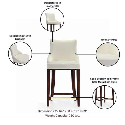Manhattan Comfort Shubert Counter Stool with Backseat | Upholstered Leatherette, Beech Wood Legs | Perfect Bar Stool for Bar and Kitchen | Commercial Grade | Fully Assembled, Set of 1, Ivory