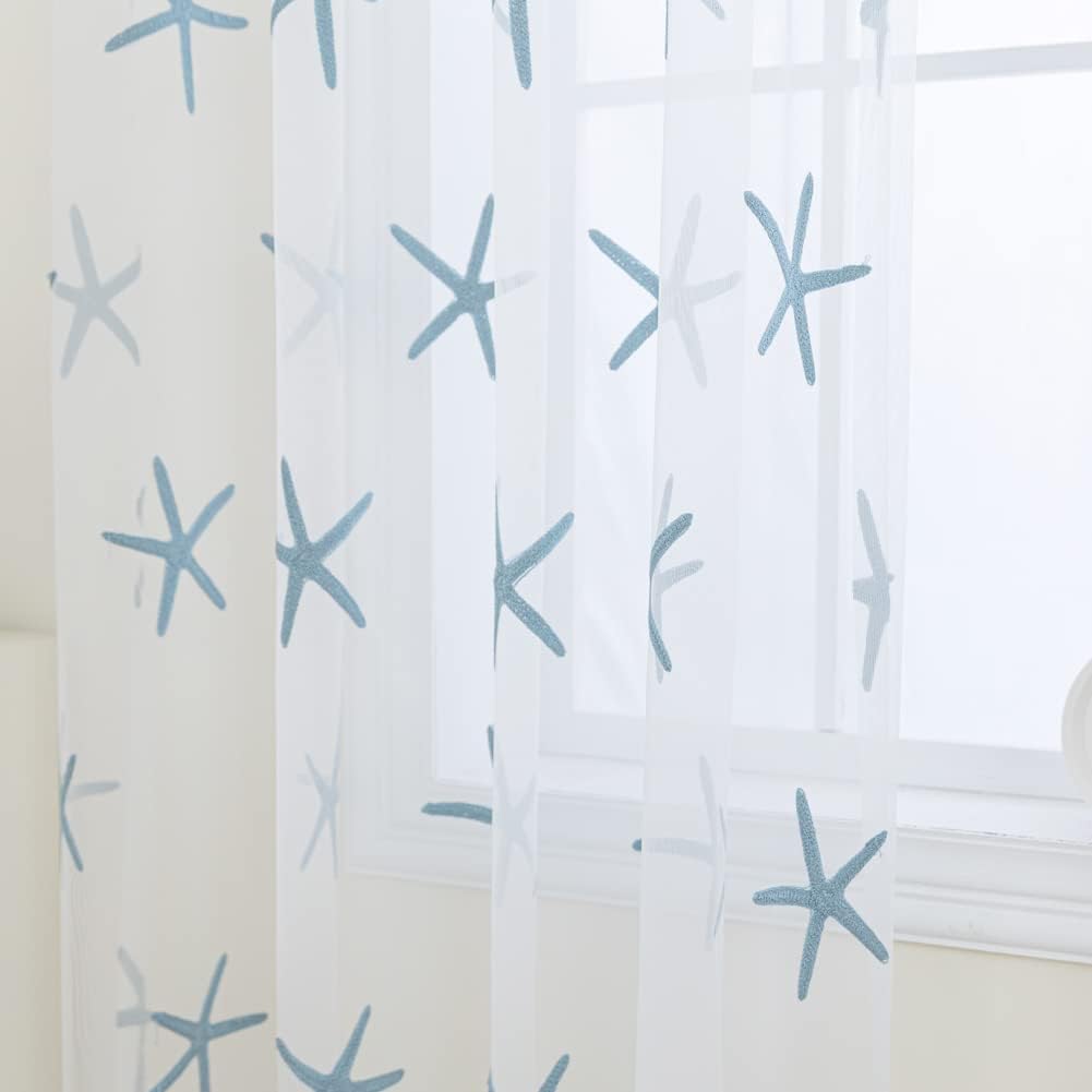 Embroidered Teal Starfish Sheer Curtains, 84 Inch Long Rod Pocket Drapes for Living Room, 52 x 84 Inch 1 Panel