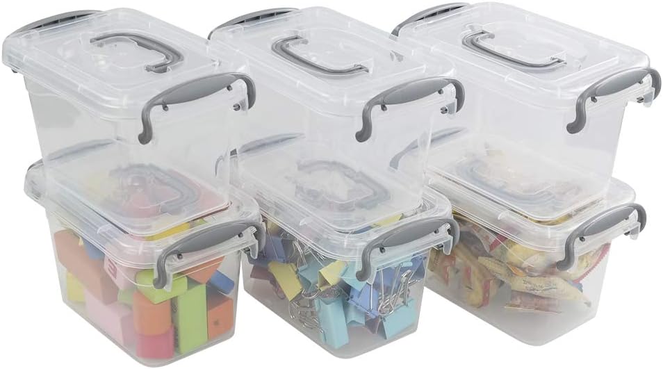 1.5 L Tiny Plastic Bins with Gray Handle, Mini Storage Box Organizer, 6-Pack