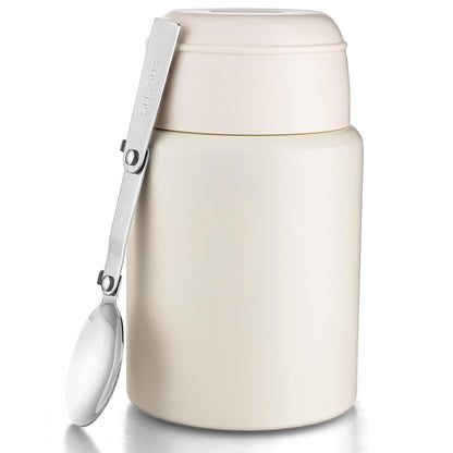 zeeooil Insulated Food Jar 17oz Thermos for Hot Food Stainless Steel Lunch Container with Spoon Leakproof Soup Thermo for Travel (White)