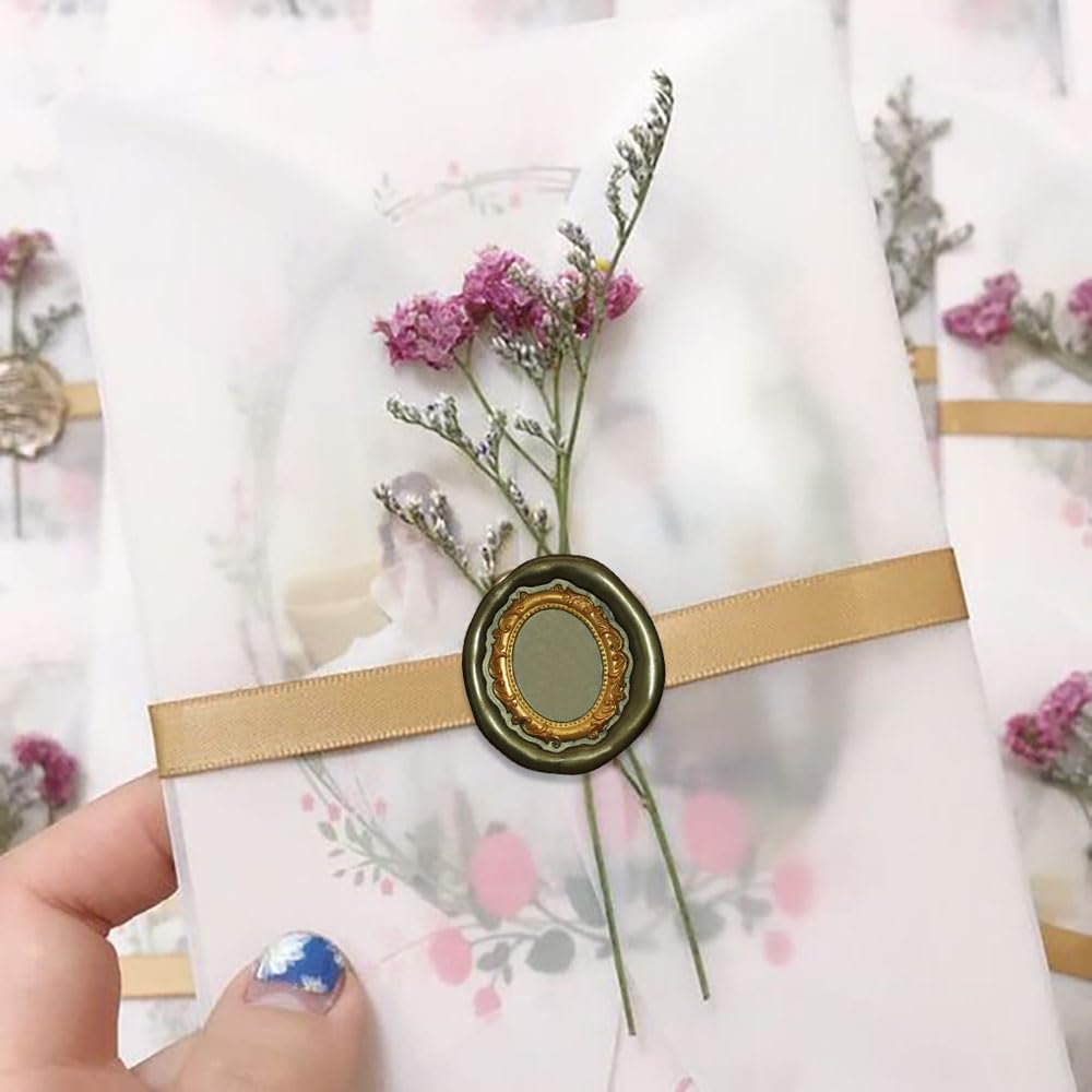 1PCS Wax Seal Stamp Head 1PCS Removable Wooden Handle,3D Embossed Oval Vintage Texture Brass Head Wax Stamp Retro Photo Frame Wax Seal Stamp Kit for Cards Envelopes Wedding Invitations Scrapbooking