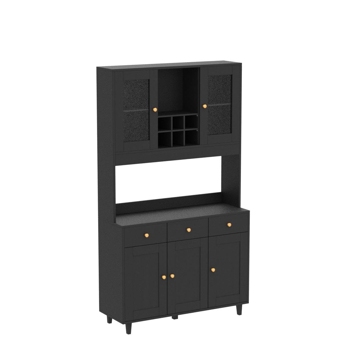 VOWNER 71" Traditional Freestanding Kitchen Pantry Storage Cabinet, Pantry Cabinet with 3 Drawers and 5 Storage Cabinets, Black