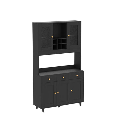 VOWNER 71" Traditional Freestanding Kitchen Pantry Storage Cabinet, Pantry Cabinet with 3 Drawers and 5 Storage Cabinets, Black