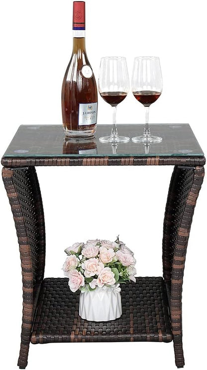 Rpuzonier Wicker Rattan Side Table, Outdoor Square Rattan Coffee End Table with Tempered Glass Top and Storage