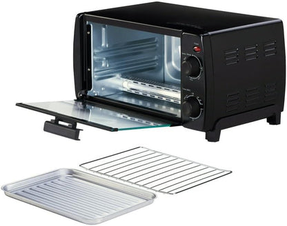 Dominion 4 Slice Toaster Oven Countertop, Retro Compact Design, Multi-Function, 1000 Watts, 30-Minute Timer, Black