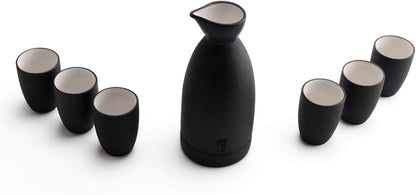 Ceramic Sake Set with Cups + Keep Sake Storage Box - Traditional Porcelain Pottery Drink Set Kit, 7-Piece