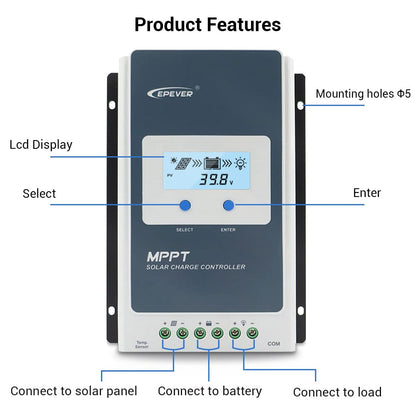 EPEVER 10A Solar Charge Controller MPPT 12V / 24V Auto Max.PV 100V Input Negative Ground Solar Panel Charge Regulator with MT50 Remote Meter Temperature Sensor RTS & PC Communication Cable RS485
