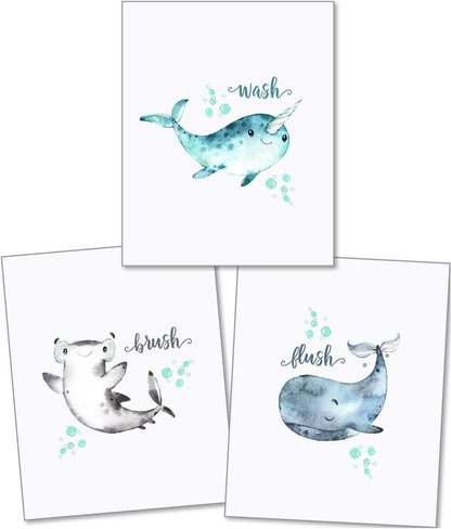 Confetti Fox Kids Bathroom Wall Art Decor, 8x10 Unframed Set of 3 Prints - Sea Animals