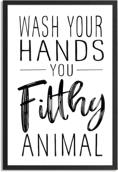 Skiennix Framed Black And White Bathroom Wall Art - Funny "Wash Your Hands" Poster | Modern Minimalist Canvas Print