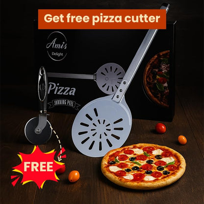 Ami’s Delight 8-Inch Perforated Pizza Turning Peel with Free Pizza Cutter | Lightweight Aluminum Pizza Peel Spinner with Long Handle | Essential Pizza Oven Accessories