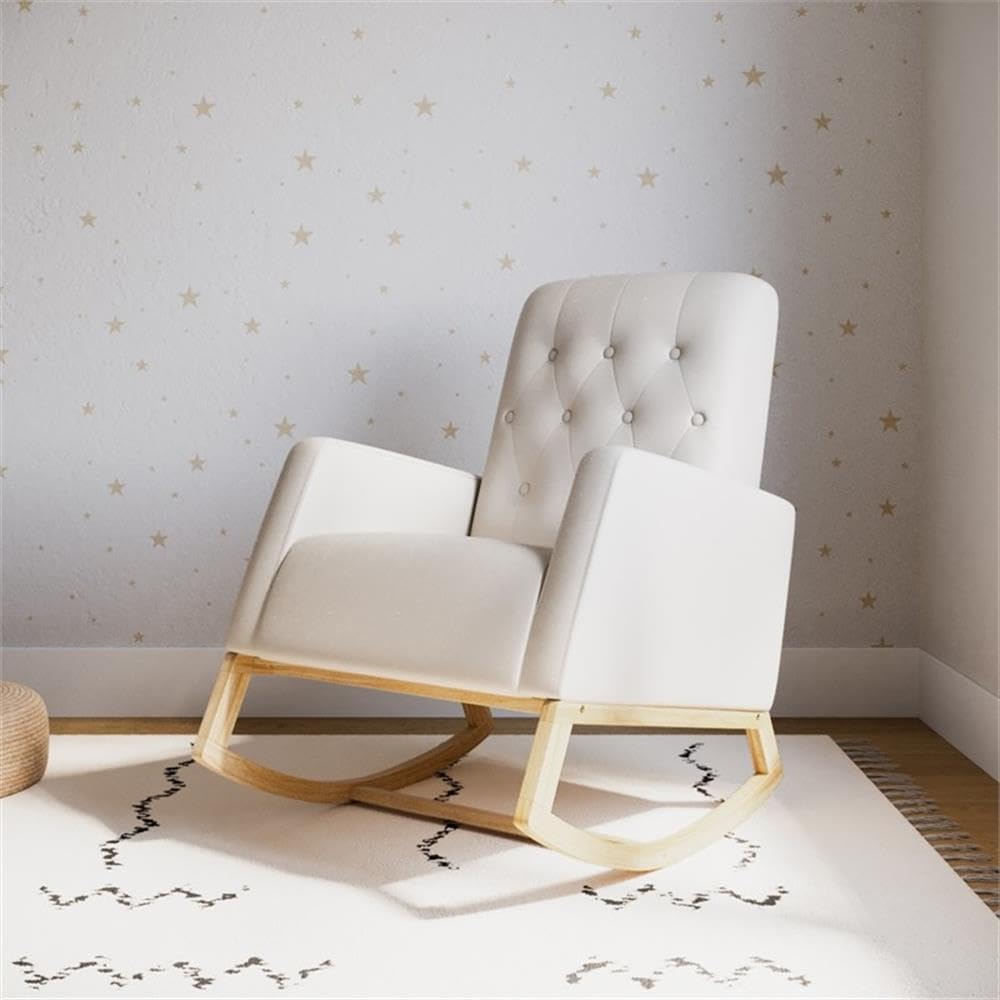 Storkcraft Northern Lights Premium Upholstered Nursery Rocking Chair (Ivory with Natural) – Stylish & Supportive Nursery Chair with Natural Wood Rocker Base, Premium Button Tufting for Classic Style