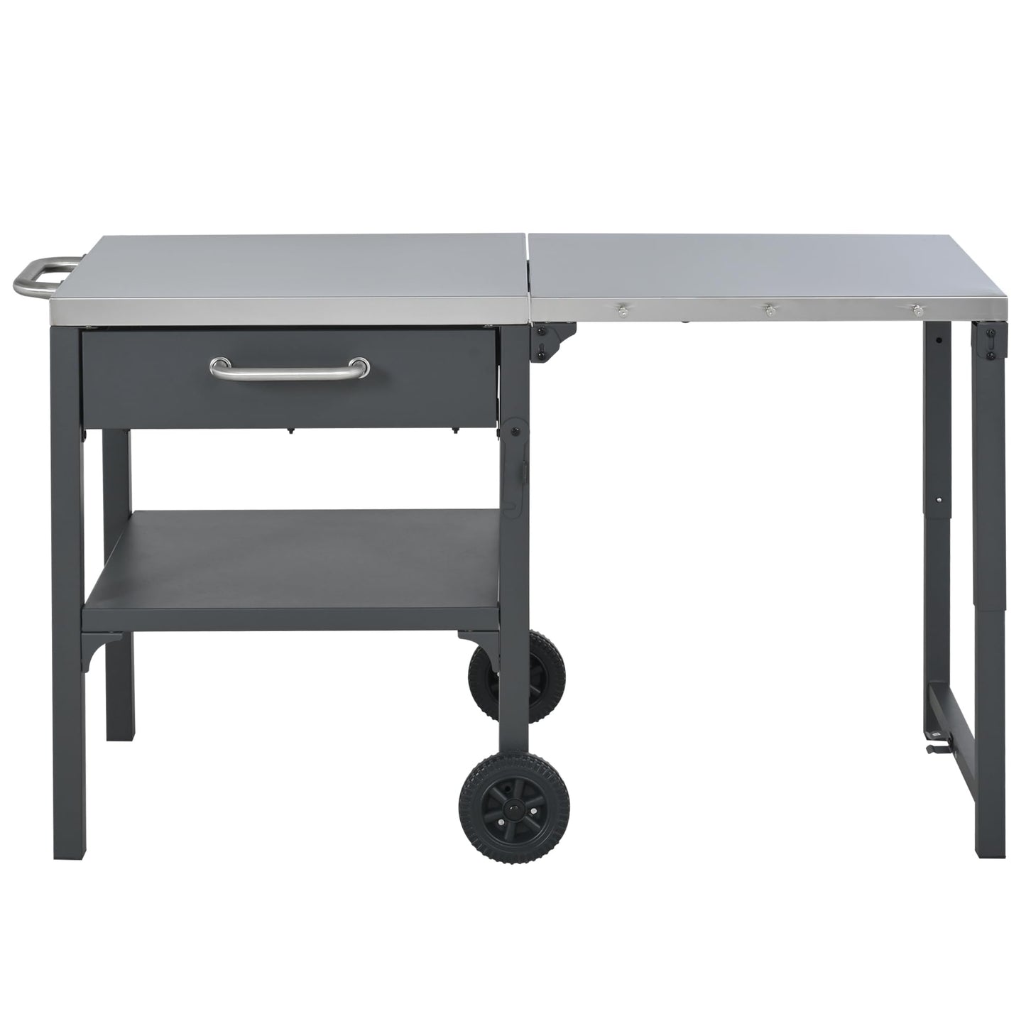 GDFStudio Outdoor Folding Kitchen Cart with Stainless Steel Top, Rolling Grill Prep Table with Drawer and Shelf, Portable Serving Cart with Wheels for Patio Backyard BBQ Cooking Station, Grey