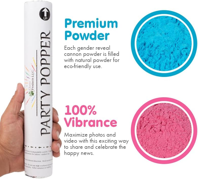 Clover Products Premium Gender Reveal Powder Cannon, 4 Pack with 2 Pink & 2 Blue, 12 Inch Compressed Air Powered