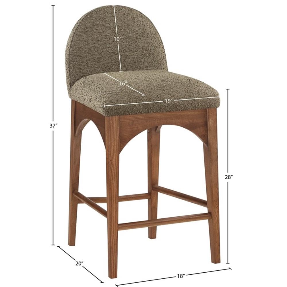 Meridian Furniture 399Olive-C Waldorf Collection Art Deco Stool with Rich Olive Green Boucle Fabric, Solid Ash Wood, Walnut Brown Finish, Counter Height Stool, 18" W x 20" D x 37" H, Olive