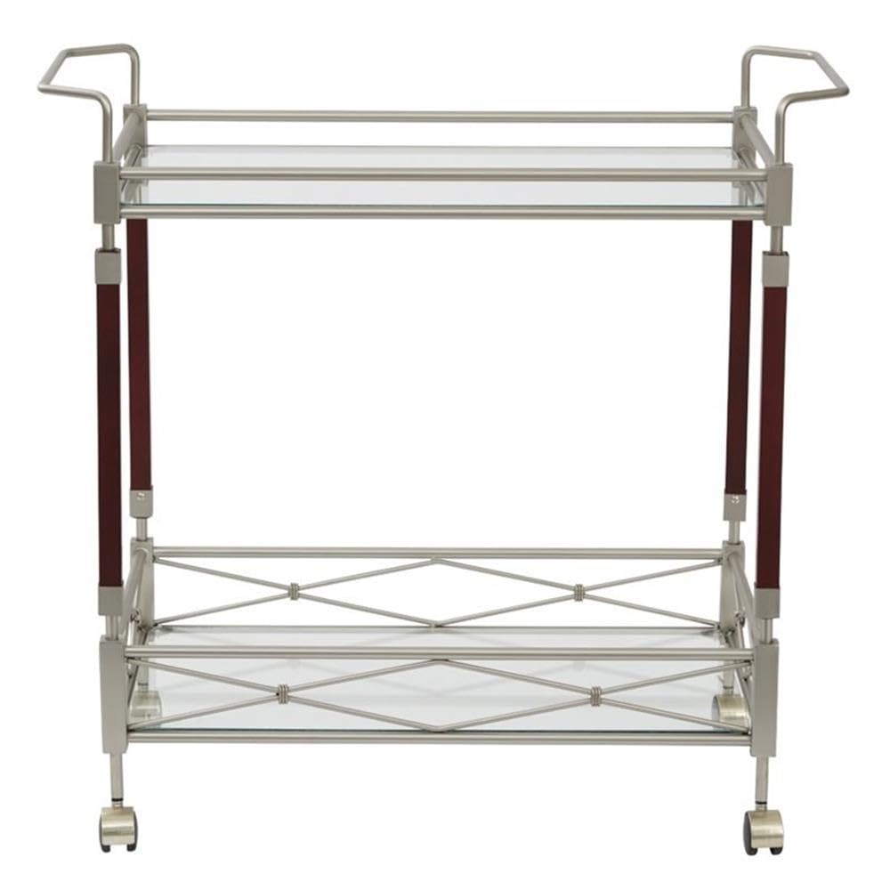 Scranton & Co Serving Cart, 31.25" W x 16.5" D x 30" H, Brushed Nickel Metal Frame, Walnut Wood Accents, Tempered Glass Shelves, Mobile Bar Cart for Entertaining