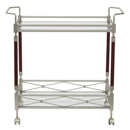 Scranton & Co Serving Cart, 31.25" W x 16.5" D x 30" H, Brushed Nickel Metal Frame, Walnut Wood Accents, Tempered Glass Shelves, Mobile Bar Cart for Entertaining