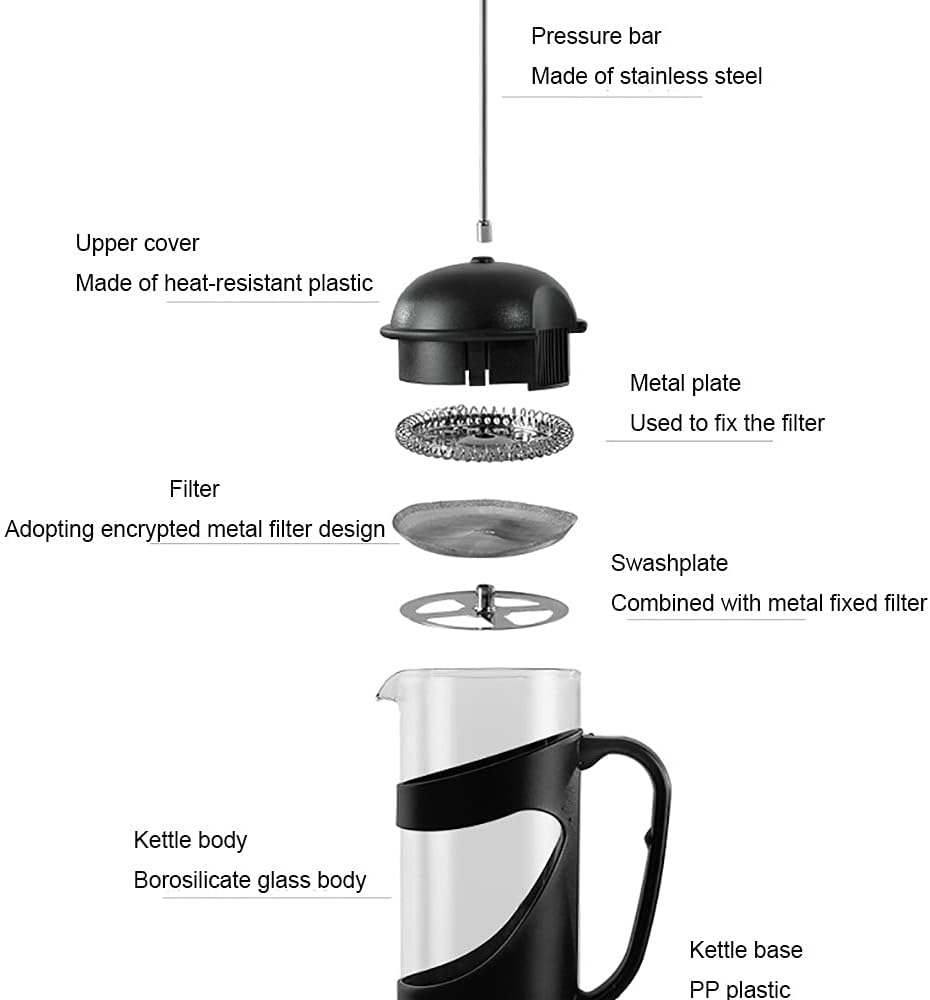 YUANBOO 20oz French Press Coffee Tea Maker, Thickened Borosilicate Glass with 3 Filter Screens, Stainless Steel