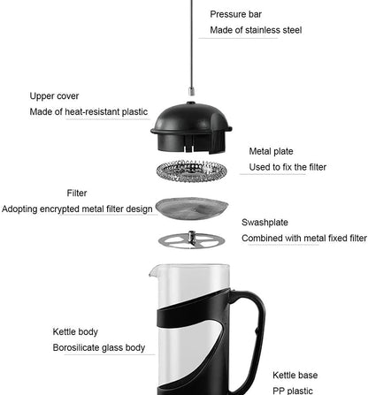 YUANBOO 20oz French Press Coffee Tea Maker, Thickened Borosilicate Glass with 3 Filter Screens, Stainless Steel