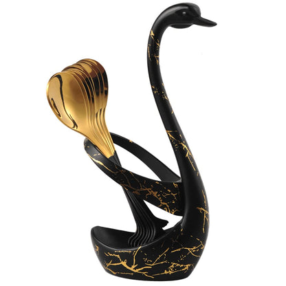 AnSaw Small Coffee Spoon Holder Set,Black Swan Base With 10 Pcs Black & Gold Demitasse Espresso Spoons Set,4.7" Mini Leaf Dessert Spoon,Stainless Steel Tea Spoons