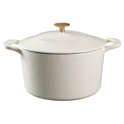 Martha Stewart Lockton Premium Nonstick PFA Free Ceramic Interior 10 Piece Heavy Gauge Enamel Aluminum Pots and Pans Cookware Set - Linen White w/Gold Handle & Gatwick 7 QT Enamel Cast Iron Dutch Oven