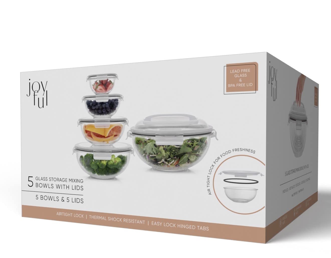JoyJolt Kitchen Mixing Bowls. 5pc Glass Bowls with Lids Set – Neat Nesting Bowls. Large Mixing Bowl Set incl Batter Bowl, Cooking Bowls, Storage Bowls with Lids and Big Salad Bowl with BPA-Free Lids