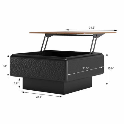 GDFStudio 31" Square Coffee Table with Lift Top Storage, Mid Century Modern Hammered Texture Center Table, Wooden Curved Tea Side Table with Hidden Compartment for Living Room Small Space, Black+Brown
