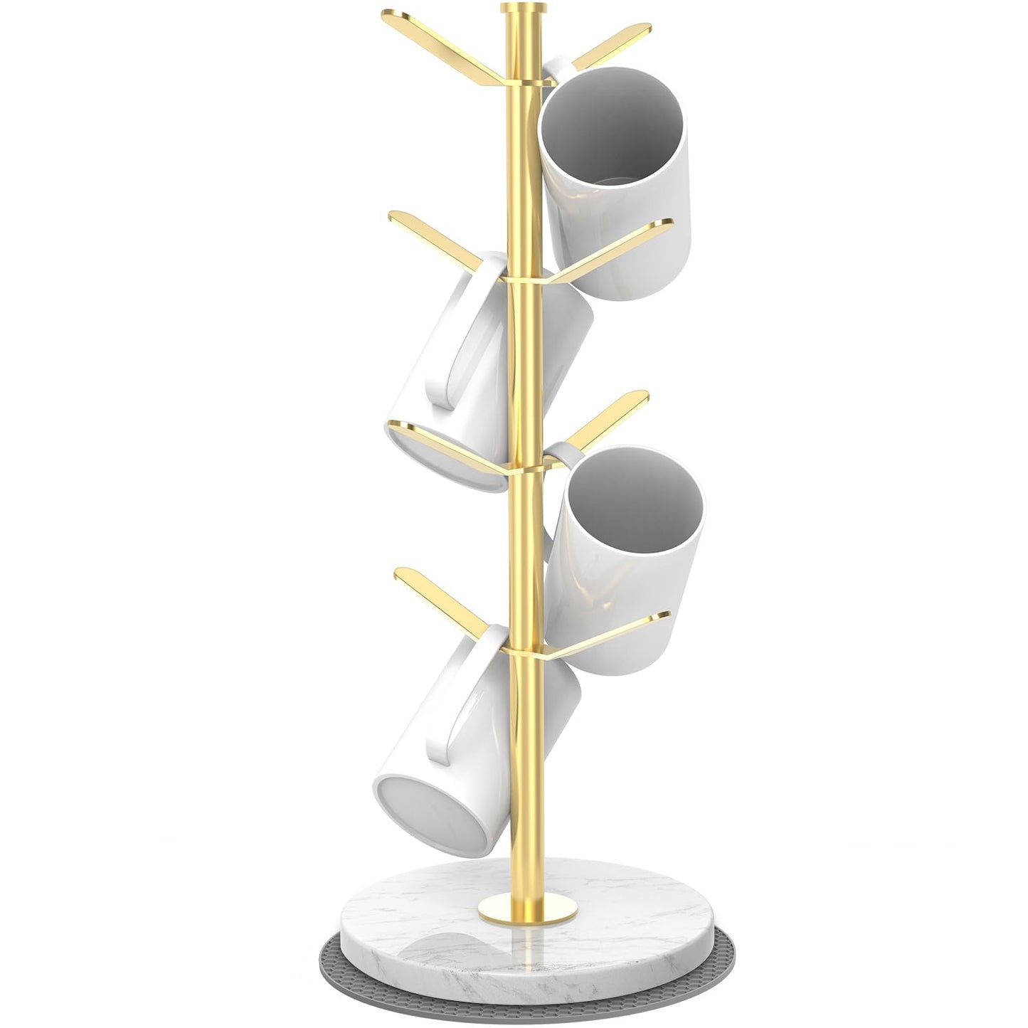 ZYZWTG Marble Mug Holder Tree with 8 Hooks, Stainless Steel Coffee Cup Holder, Non-Slip Silicone Pads, Heavy Duty Marble Base, Countertop Organizer for Kitchen & Cafe, Gold