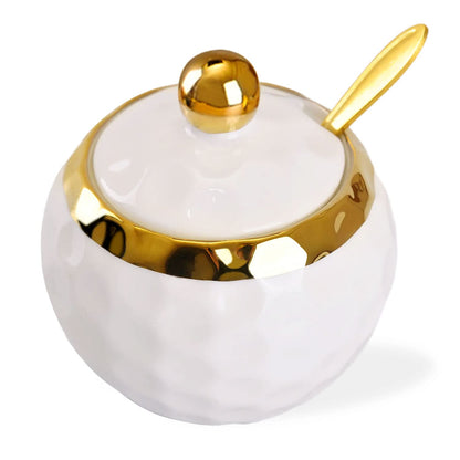 WHJY Ceramic Sugar Bowl with Lid and Spoon, Golf Design Porcelain Salt Bowl Salt Container, Modern Spice Box Seasoning Jar for Home and Kitchen Coffee Bar - White