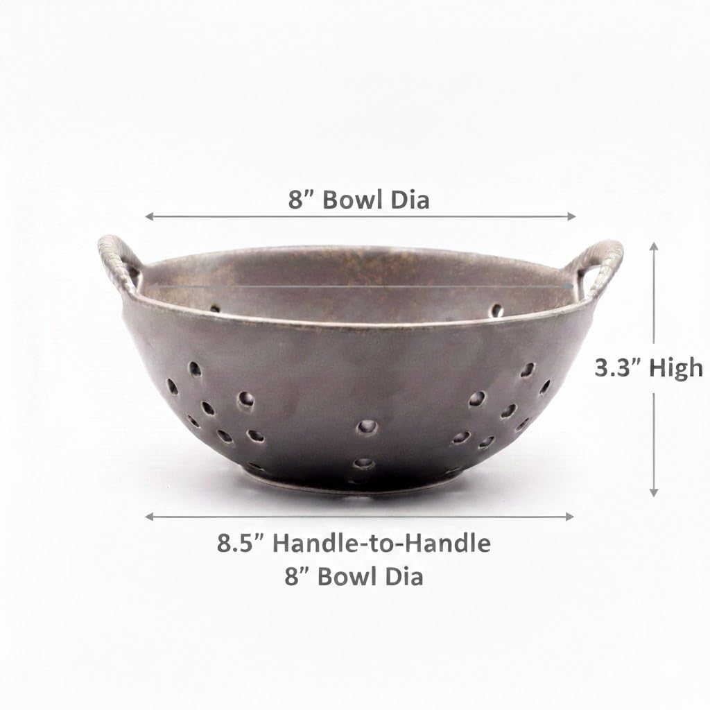 Amitofo 8" Ceramic Berry Colander with Handles, Reactive Glaze Fruit Washing Bowl, Rustic Stoneware Pasta Strainer for Kitchen (Charcoal Grey)