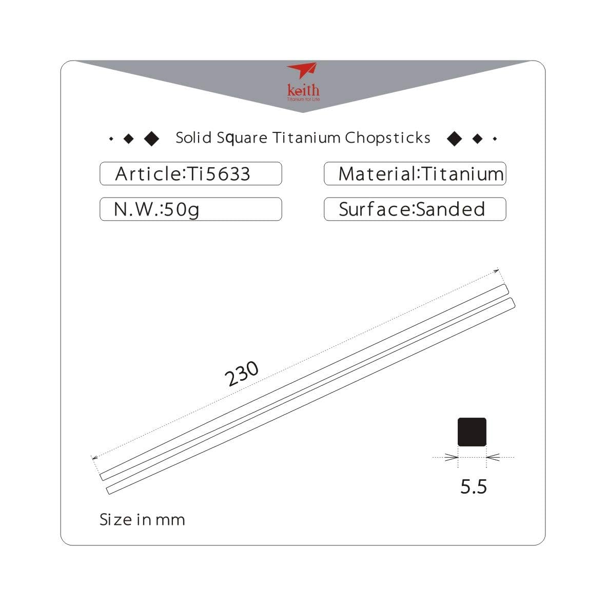 Keith Titanium Ti5633 Solid Square Handle Chopsticks with Aluminum Case (Grey) ●●●●●●● Keith's 18th Anniversary: Exclusive Price!