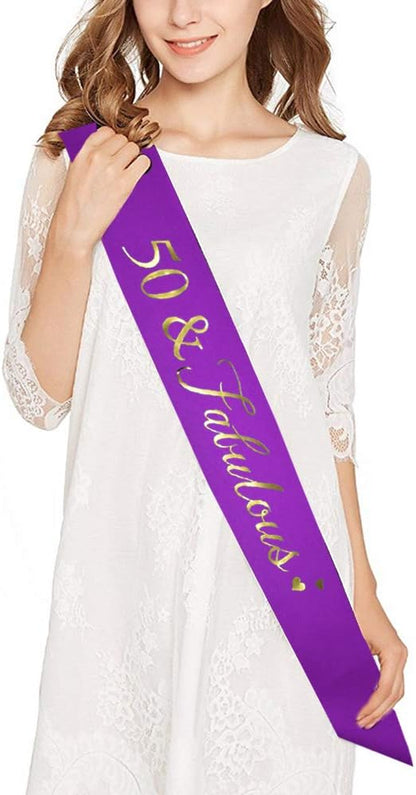 Mayin Purple Glitter Crystal Rhinestone Tiara Crown and Sash for 50th Birthday Party Supplies and Decorations
