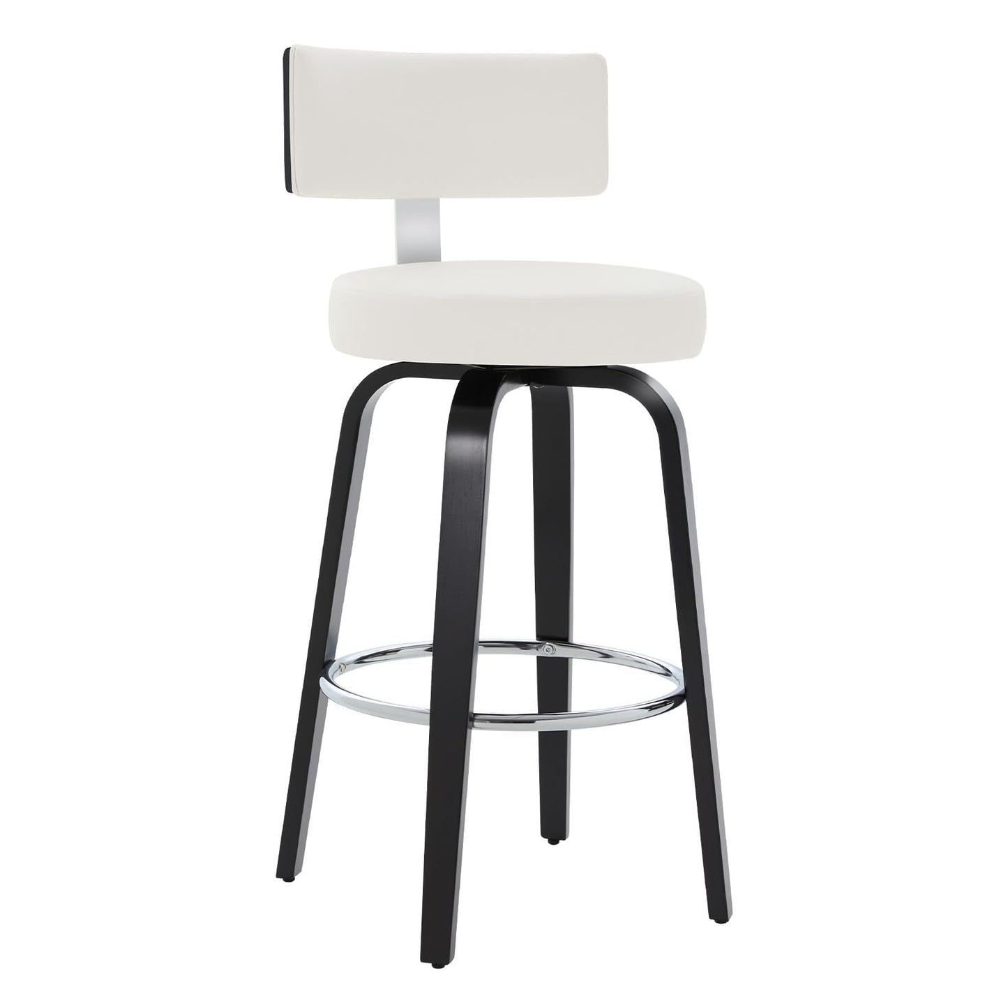 WOOW DEPOT Swivel Counter Height Bar Stools Set of 3, 29" Upholstered Faux Leather Barstools with Back, Mid Century Modern Counter Stools with Black Walnut Wood Legs for Kitchen Island, White