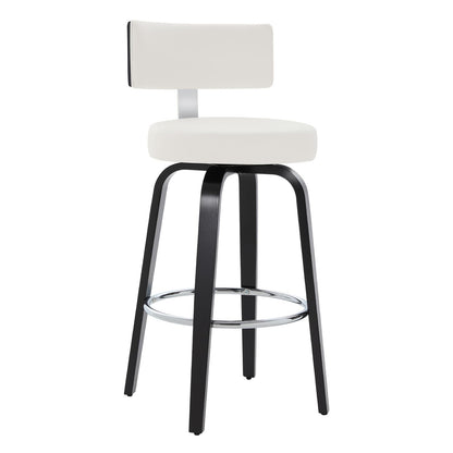 WOOW DEPOT Swivel Counter Height Bar Stools Set of 3, 29" Upholstered Faux Leather Barstools with Back, Mid Century Modern Counter Stools with Black Walnut Wood Legs for Kitchen Island, White