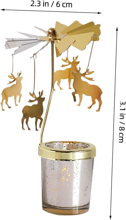 Rotating Candlestick Holder Christmas Carousel Spinning Deer Tea Light Table Decoration Gold