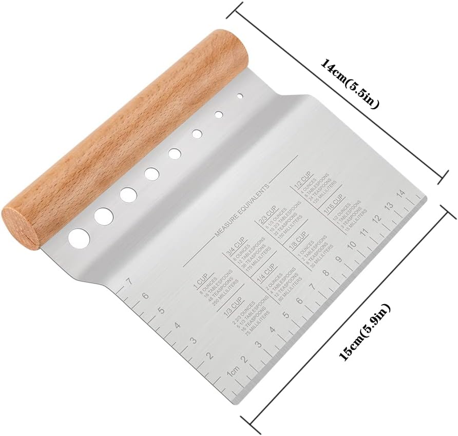 Stainless Steel Pastry Scraper, Dough/Pastry/Bread Cutter with Non-Slip Wood Handle and Herb Stripper 8-hole