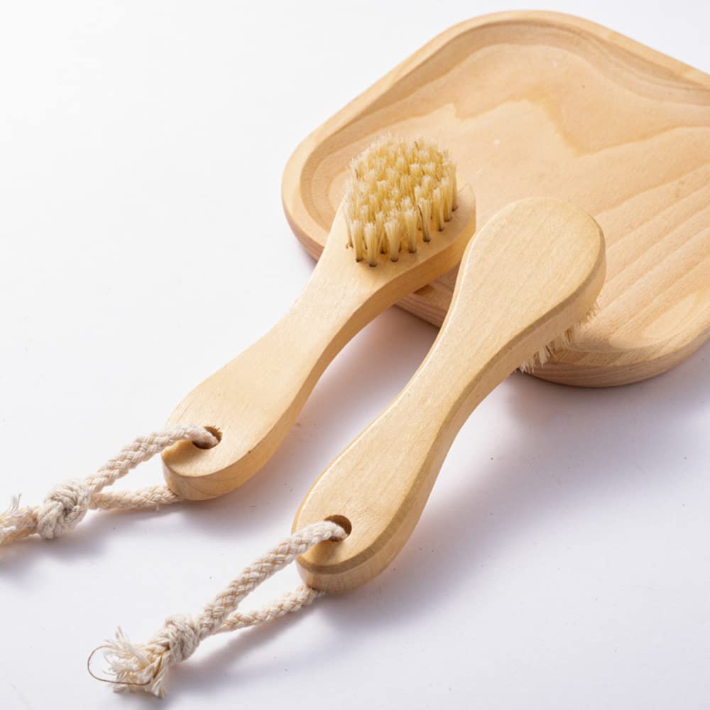 Natural Soft Wool Bristles Dry Facial Cleansing Brush, 6" Face Skin Care Exfoliating Scrub Brush, 2 Pack Wood Handle Face Brush Cleanser.