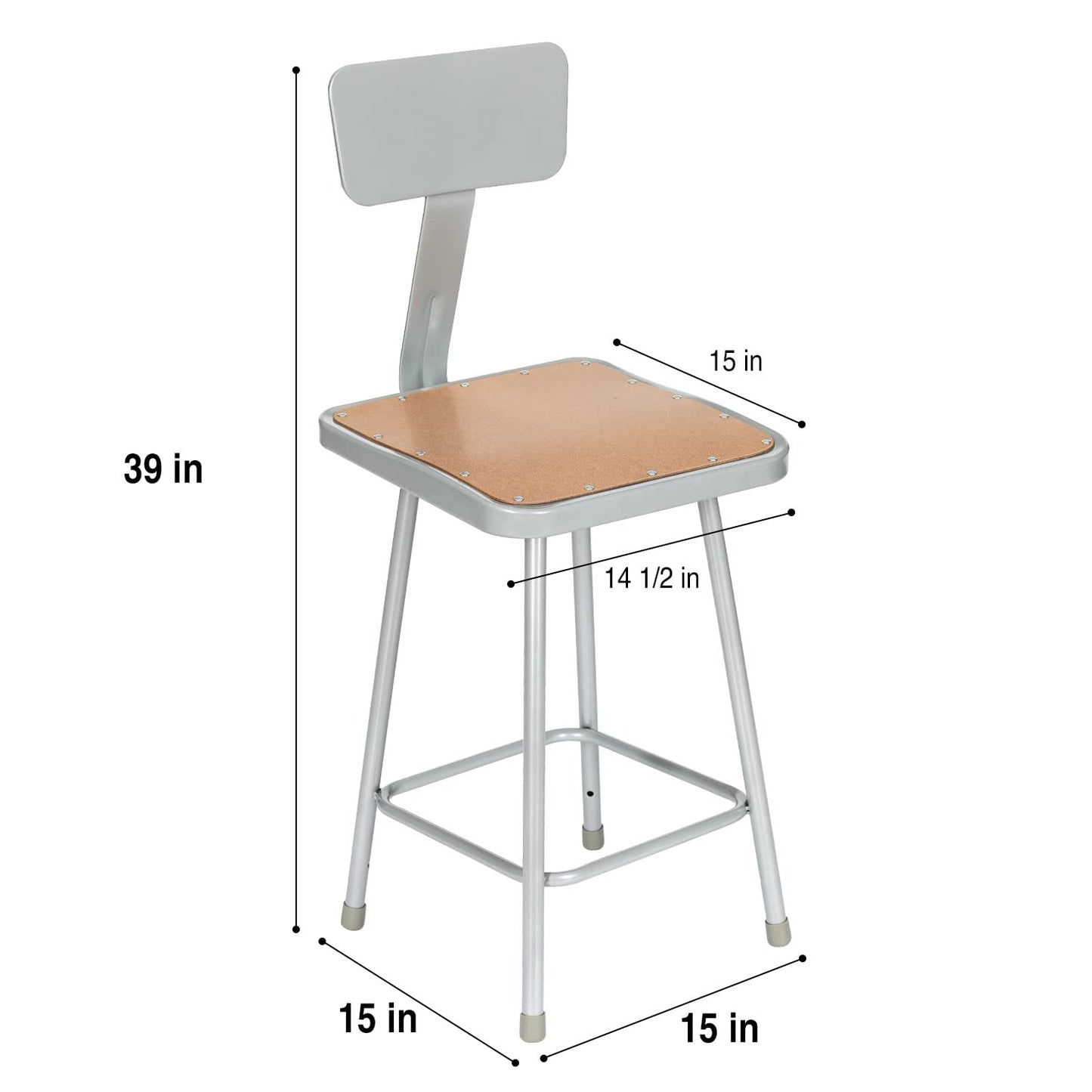OEF Furnishings OEF6324B/2 Premium Commercial-Grade All-Purpose Square Stool with Backrest (24-inch Height, Gray Frame, Masonite Wood Seat, 2-Pack)