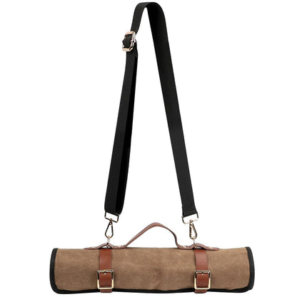 JOINDO Knife Roll with Leather Straps and Metal Buckles, Double Layer Waxed Canvas Knife Bag, Large Chef Knife Bag with Handle and Shoulder Strap