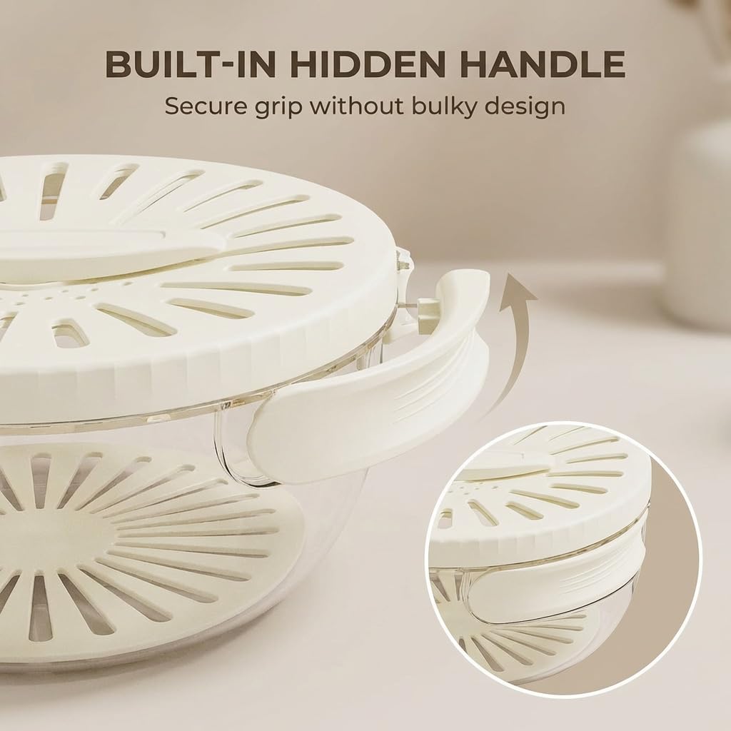 Mesh Fruit Basket Straine, Cleaner Bowl with Lid, 2-in-1 Draining and Preservation Spinner, Multifunctional Vegetable Washer Colander with Foldable Handle for Kitchen Counter