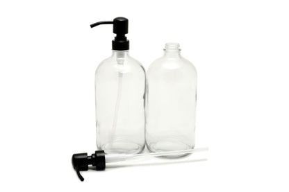 Vivaplex, 2, Large, 32 oz, Empty, Clear Glass Bottles with Stainless Steel, Matte Black, Lotion Pumps