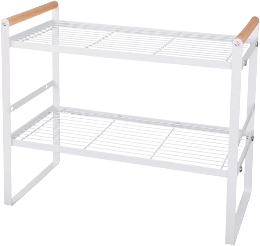 Kitchen Counter Shelf, 2 Tier Space Saving Organizer with Wood Handle, 16.1 x 8.3 x 12.8 Inches (White)
