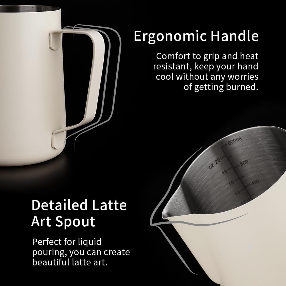 watchget Milk Frothing Pitcher 20oz/600ml - Stainless Steel Espresso Steaming Pitcher for Cappuccino & Latte Art, Creamy White