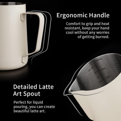 watchget Milk Frothing Pitcher 20oz/600ml - Stainless Steel Espresso Steaming Pitcher for Cappuccino & Latte Art, Creamy White